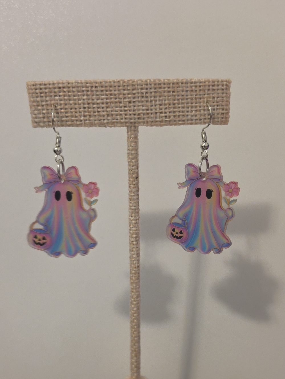 Cute Holographic Ghost Earrings- Pink Accent